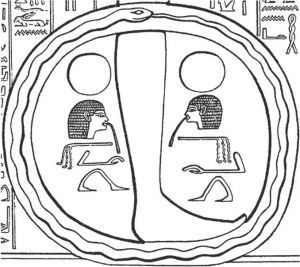 图8 根据图坦卡蒙法老第二座金制神龛左侧外壁上的衔尾蛇图案绘制的示意图，开罗博物馆藏