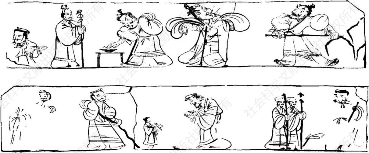 图2 洛阳烧沟村汉代墓室“二桃杀三士”图像（摹本）