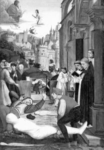 圣塞巴斯蒂安被箭刺穿，跪在上帝面前为人类祈祷，同时天上一个天使在与一个魔鬼战斗。乔斯·利弗林克斯（法国人，活跃于1493～1505年，艺术家），绘于1497～1499年（文艺复兴时期）。（美国沃尔特艺术博物馆）