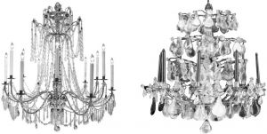 图4 18世纪意大利水晶玻璃枝形吊灯（左），18世纪法国天然水晶枝形吊灯（右）