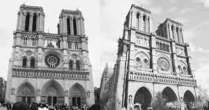 图4 现实中已被烧毁的巴黎圣母院与《刺客信条》中的巴黎圣母院