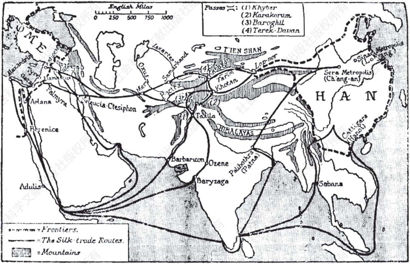 公元一世纪和二世纪中国与罗马之间的丝绸之路图，转引自《欧洲与中国》，第49页。