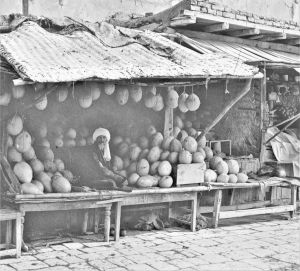 图27 撒马尔罕的瓜贩，1911年。摄影师是谢尔盖伊·米哈伊洛维奇·普罗库丁-古斯基，使用了早期分层彩色底片法