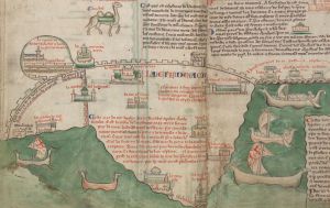 002//这幅13世纪中期马修·帕里斯绘制的地图，以平面示意图的形式展现了阿卡的总体布局。诅咒之塔在地图中以圆形塔楼的图像处于外城墙显著的位置；左侧的蒙穆萨尔郊区与老城区被一道内城墙隔开。