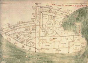 003//这幅完成时间大约为1320年的地图，是根据马里诺·萨努多·托尔塞洛在1286年造访阿卡时的叙述绘制的，提供了有关最后一次围攻战之前阿卡城市布局的宝贵信息。该地图展示了阿卡的双层城墙和蒙穆萨尔郊区。塔楼、城门、城市区域以及知名建筑物都在地图中被标出。
