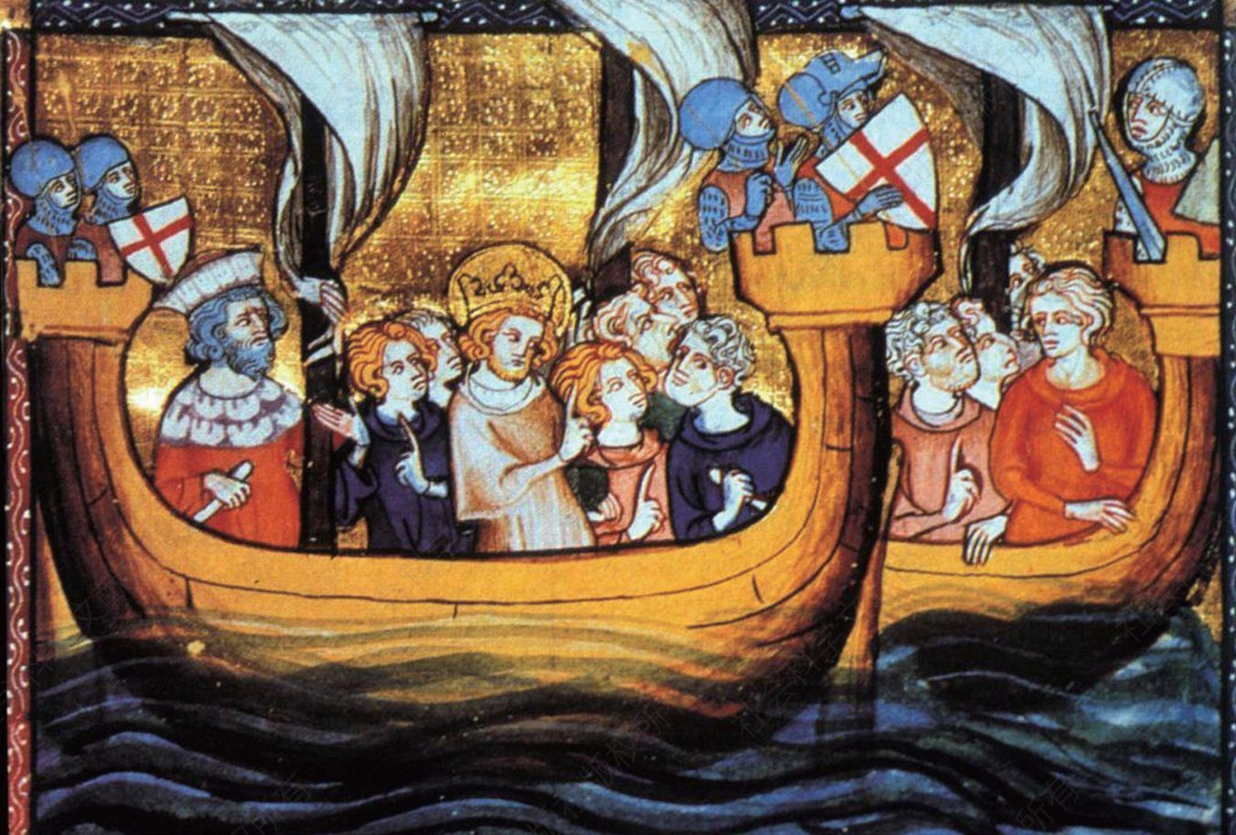 004//头戴黄金王冠、笼罩在圣人光环下的法兰西国王路易九世，从法兰西本土扬帆起航，前往埃及，发动第七次十字军东征。