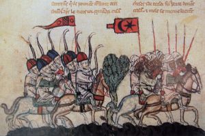 <italic>005</italic>//蒙古骑兵与马穆鲁克骑兵。画面左侧的蒙古骑兵执弓戴盔，正在追击一队撤退的马穆鲁克骑兵，后者手执长枪，高举伊斯兰星月大旗。