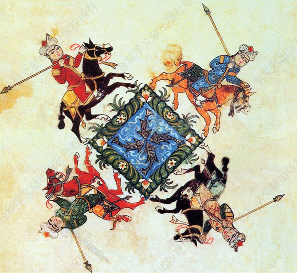 006//身穿颜色鲜艳长袍的马穆鲁克骑兵，这是一本马术与军事训练手册上的插图。这些关于战争的论述表明了伊斯兰世界的军事科学已经发展到很高的水平。