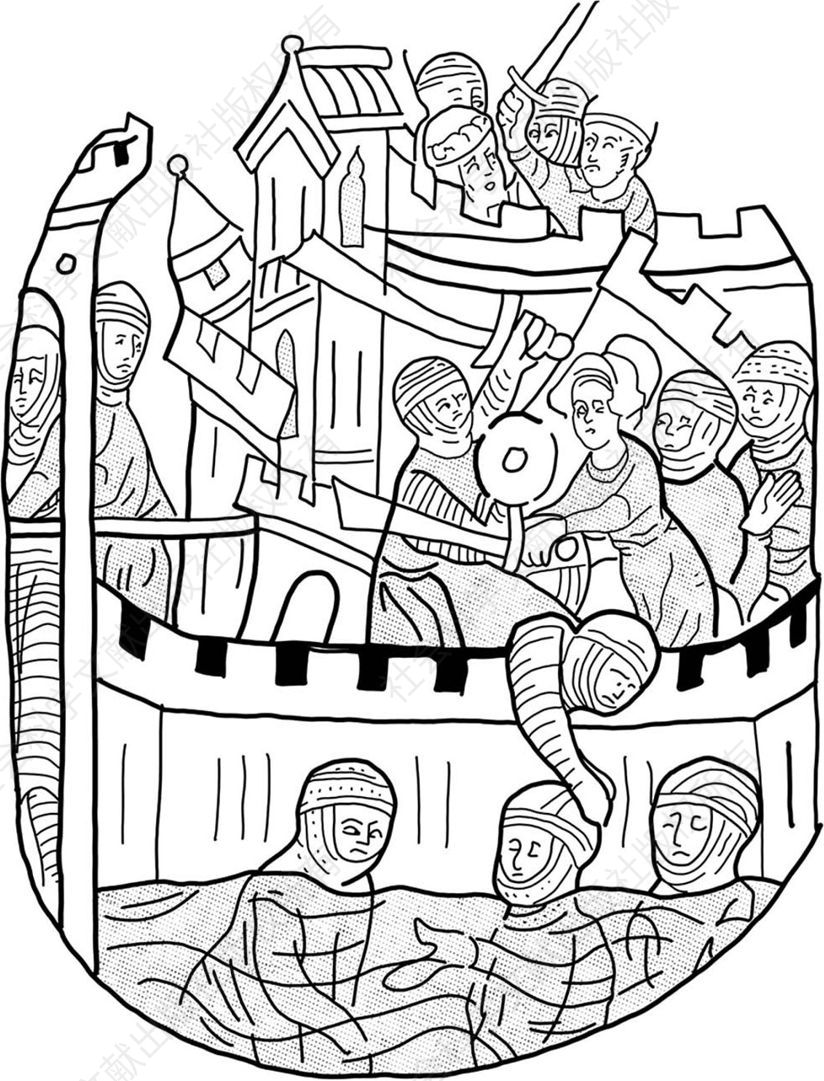海中的死亡场景，来自一部手抄稿中关于阿卡围攻战的插画