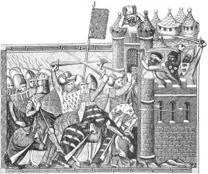 十字军进攻达米埃塔。这部中世纪手抄本上所展示的攻防战实际上并未发生。这座城镇已被守军抛弃