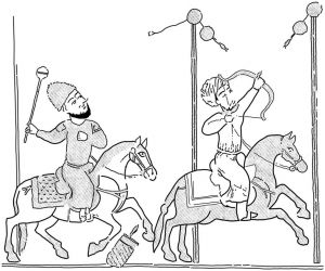 马穆鲁克骑兵训练：一名骑兵挥舞着狼牙棒，另一名骑兵在策马狂奔中瞄准一个目标