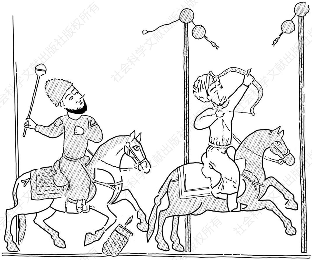 马穆鲁克骑兵训练：一名骑兵挥舞着狼牙棒，另一名骑兵在策马狂奔中瞄准一个目标