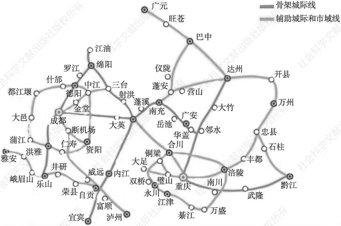 图1 成渝城市群、成都都市圈、重庆都市圈交通骨干网络规划示意