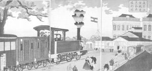 歌川国辉《穿过东京汐留的蒸汽机车》，1872年