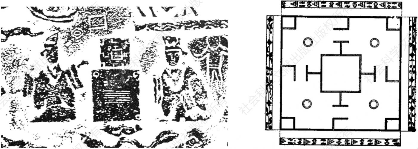 图六 山东微山汉画像石图像（左）；云梦大坟头M1出土博局（右）