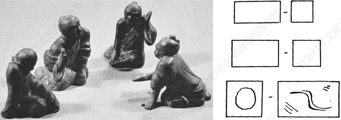 图十一 甘肃灵台M1西汉墓出土人形镇子（左）和六博棋子（右）