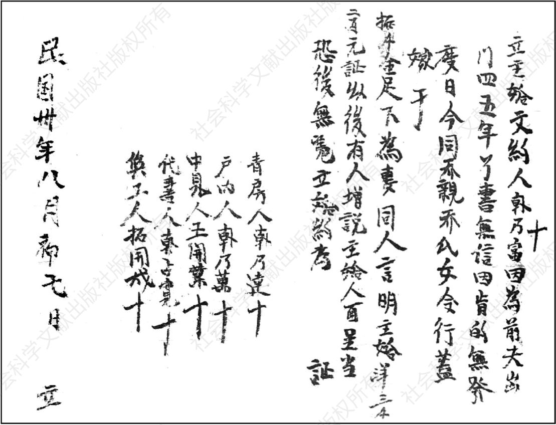 图1-2 1941年陇东地区一个妇女因丈夫外出无音信要求再嫁的合同文书