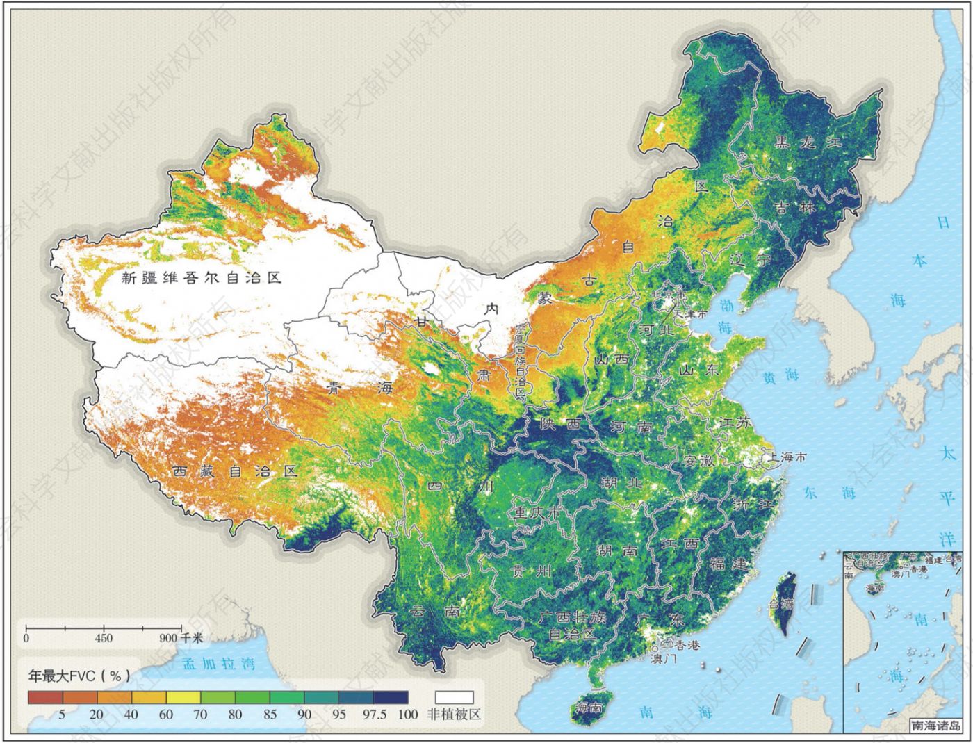 图2 2020年中国年最大植被覆盖度分布