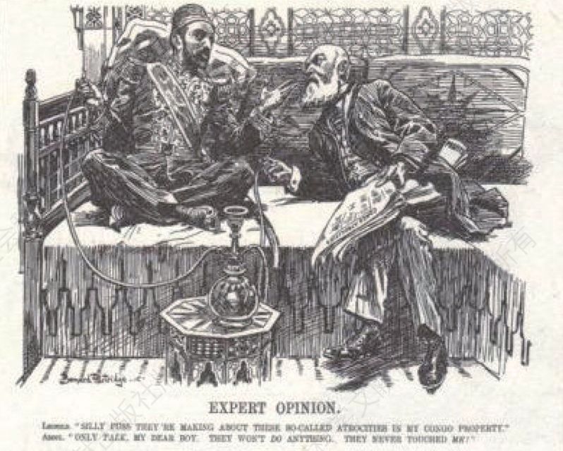 《笨拙》（Punch）杂志，1905年。该漫画反映的是利奥波德与土耳其苏丹在一起，交流彼此的“辉煌成就”。这位土耳其苏丹因为屠杀（亚美尼亚人）而被舆论谴责。该杂志发表的该主题的漫画还有很多。