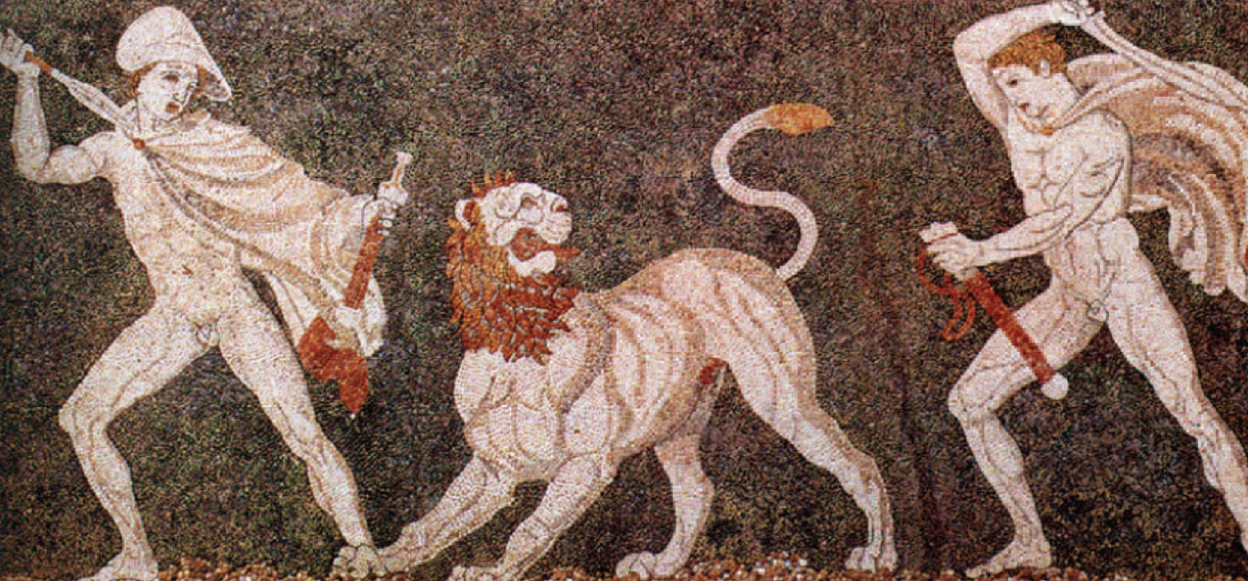 亚历山大大帝（左）与克拉特鲁斯（右）猎狮的马赛克壁画，佩拉