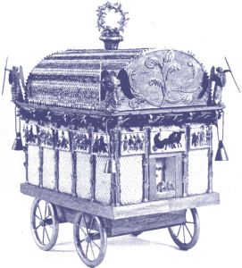 亚历山大大帝的灵柩车。考古学家斯特拉·米勒-克莱特（Stella Miller-Collett）根据狄奥多罗斯的描述制作的模型