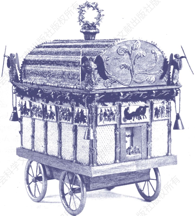 亚历山大大帝的灵柩车。考古学家斯特拉·米勒-克莱特（Stella Miller-Collett）根据狄奥多罗斯的描述制作的模型