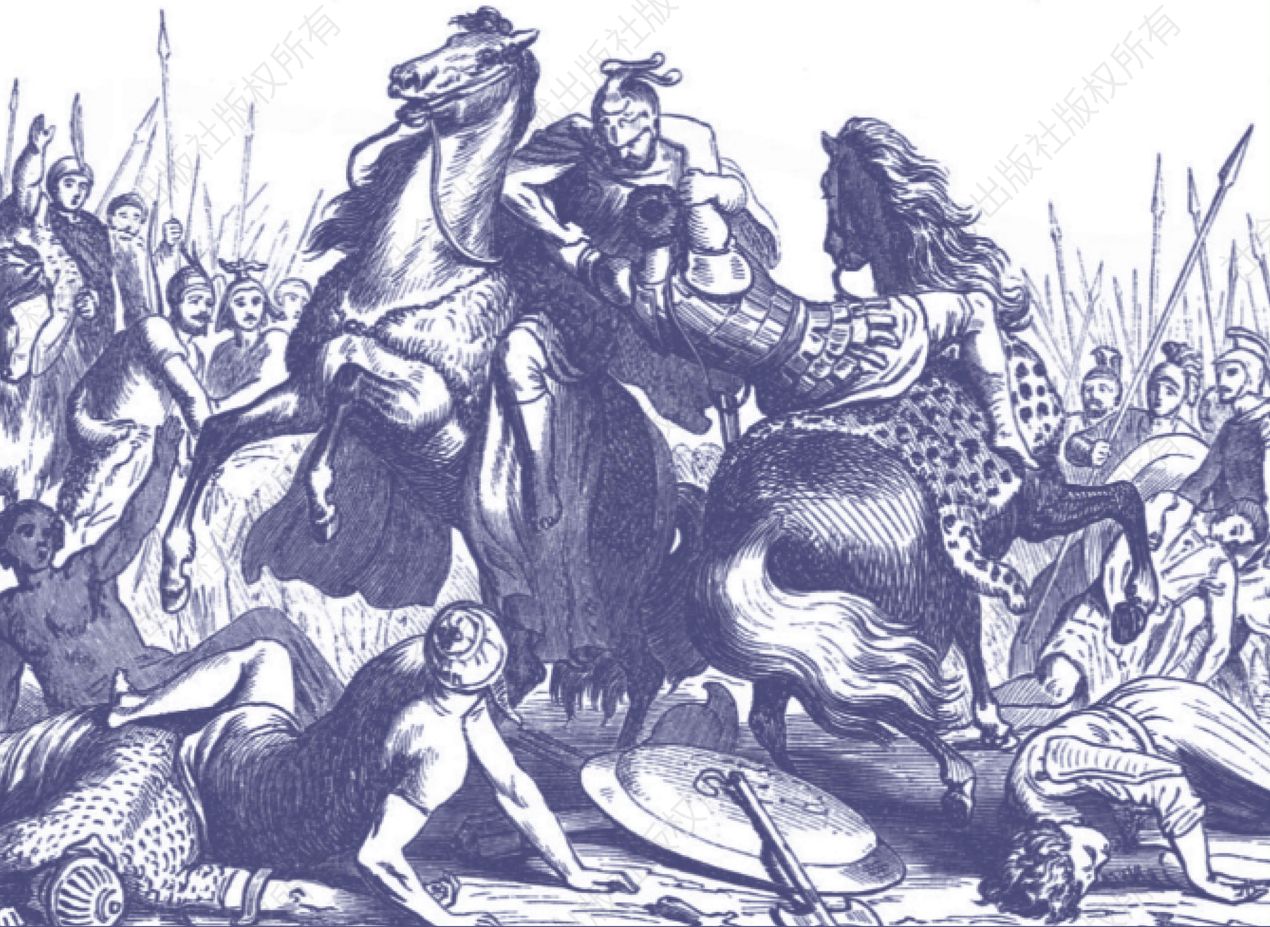 卡迪亚的欧迈尼斯与涅俄普托勒摩斯在赫勒斯滂战役（公元前321年）中交战。该版画作品创作于1878年