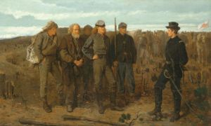 温斯洛·霍默的一幅油画，表现的是在葛底斯堡，一名北军军官正在训示几名南军战俘