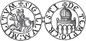 圣殿骑士团大团长官印的图案 图案中显示两名骑士团成员骑乘一匹马，这是为了纪念骑士团的清贫原则。