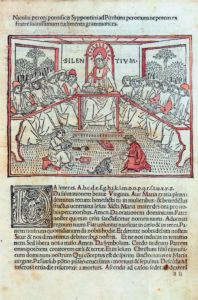 文艺复兴时期教室的理想情景。选自尼科洛·佩罗蒂的《语法入门》（1474年）。注意前景地板上的《识字本》