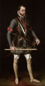 6.腓力二世，圣康坦战役的胜利者，安东尼斯·莫尔作，约1560年。国王手持将军的节杖，身穿全副铠甲，铠甲上装饰着勃艮第十字和圣母马利亚像。1557年攻打圣康坦的时候他穿的就是这套铠甲。这幅肖像在随后十多年里一直是他的“官方肖像”，复制品极多。