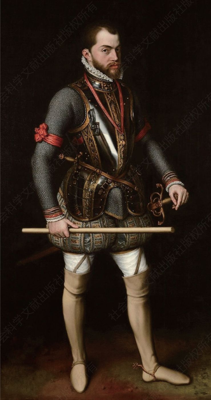 6.腓力二世，圣康坦战役的胜利者，安东尼斯·莫尔作，约1560年。国王手持将军的节杖，身穿全副铠甲，铠甲上装饰着勃艮第十字和圣母马利亚像。1557年攻打圣康坦的时候他穿的就是这套铠甲。这幅肖像在随后十多年里一直是他的“官方肖像”，复制品极多。