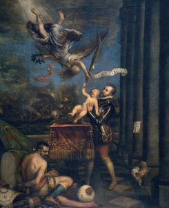 7.《腓力二世的敬献》，提香作，1572～1573年。根据国王的命令，阿隆索·桑切斯·科埃略给提香送去了一幅腓力二世的肖像作为参考，可能还送去了一幅素描，建议把费尔南多王子的出生（一个显得有些笨拙的天使给他送去橄榄枝，并承诺：“还会有更多给你。”）和勒班陀大捷（可以透过窗户看见，前景中被捆缚的土耳其人也象征了这次大捷）并置起来。