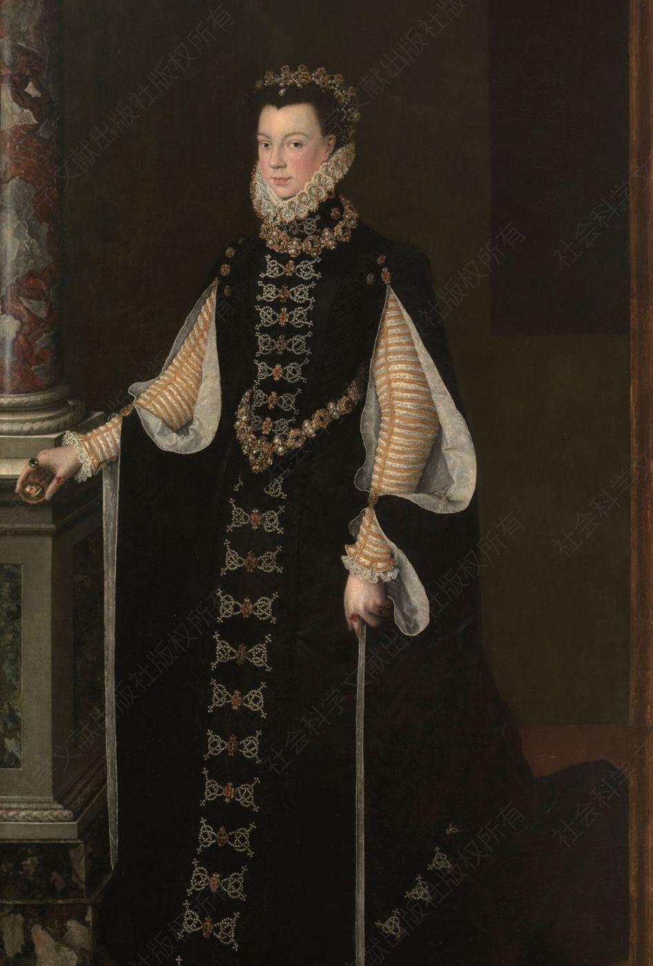 10.法兰西的伊莎贝拉，西班牙王后，索福尼斯巴·安圭索拉作，1565年。王后时年二十岁，在离开西班牙去巴约讷见母亲之前请画家画了这幅肖像。也许是为了强调她是国王的代表，她手里拿着腓力二世的细密画像（可能是以安东尼斯·莫尔的“圣康坦”肖像为蓝本的）。