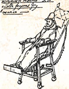 11.腓力二世的“病人躺椅”，让·莱尔米特作。腓力二世的寿命超过了他的王朝的其他任何一位成员，但在1595年之后，因为患有严重的关节炎，他不得不穿宽松服装，以减少对关节的摩擦，并经常躺在这张设计精巧的椅子上。它有各种机关，可以让他坐起来，也可以直接躺下打盹。他在各处宫殿之间旅行的时候也坐这张椅子。有了它，腓力二世就可以继续治理他的世界帝国，直到他在1598年最后一次病倒。