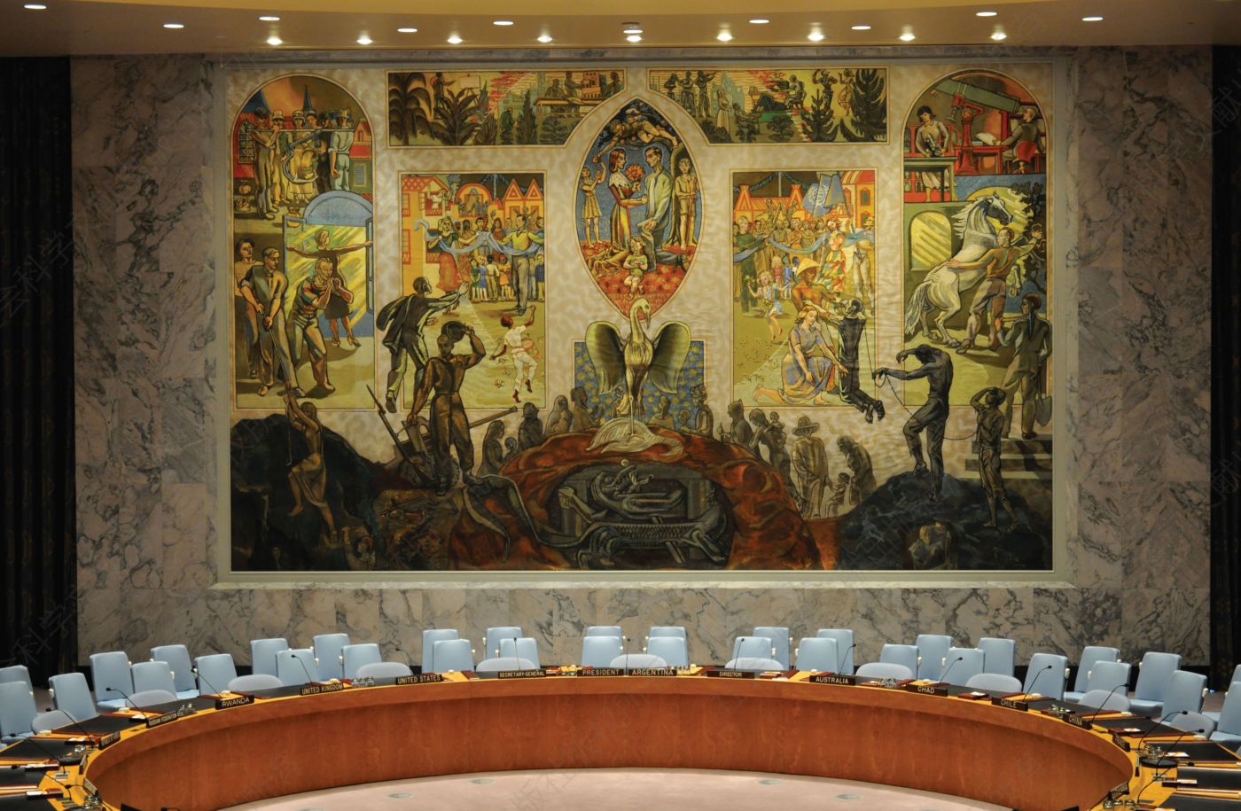 1-6.世界的重生：在联合国安理会大厅里，佩尔·克罗格（Per Krohg）的巨型壁画描绘了人们爬出二战的地狱、进入光明新世界的景象。在主席座位上方，一只凤凰从灰烬中涅槃。