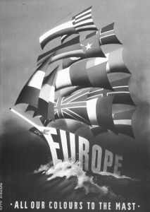 欧洲的梦想：雷金·德克森（Reijn Dirksen）1950年的海报，起初是为了推广马歇尔计划。（图片底端文字：把我们所有的旗帜都插到桅杆上）