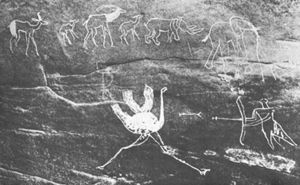 图2-1 埃及Silwa Bahari附近岩雕上的史前狩猎鸵鸟