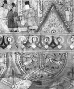 图3-38 固原北魏漆棺墓侧板上的联珠对人、对兽纹