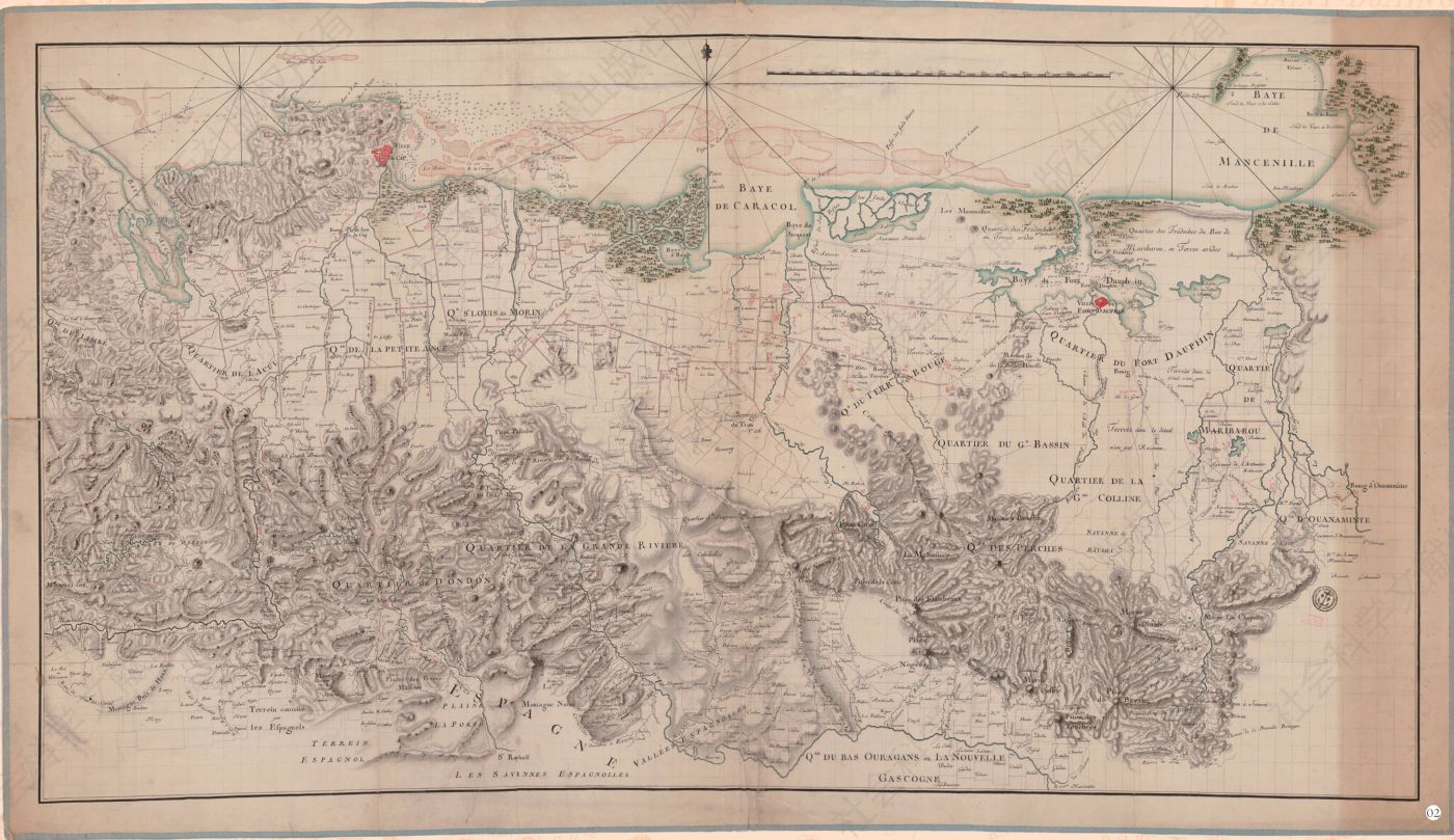 图2/《圣多明各北部省地形图》（Carte topographique du Nord de Saint-Domingue，1760）展示了圣多明各肥沃的北部平原，该殖民地最大和最富庶的一些种植园都位于那里。海角高地村庄的南边就是杜桑出生的布雷达种植园。他在这里度过了革命前的五十年人生。