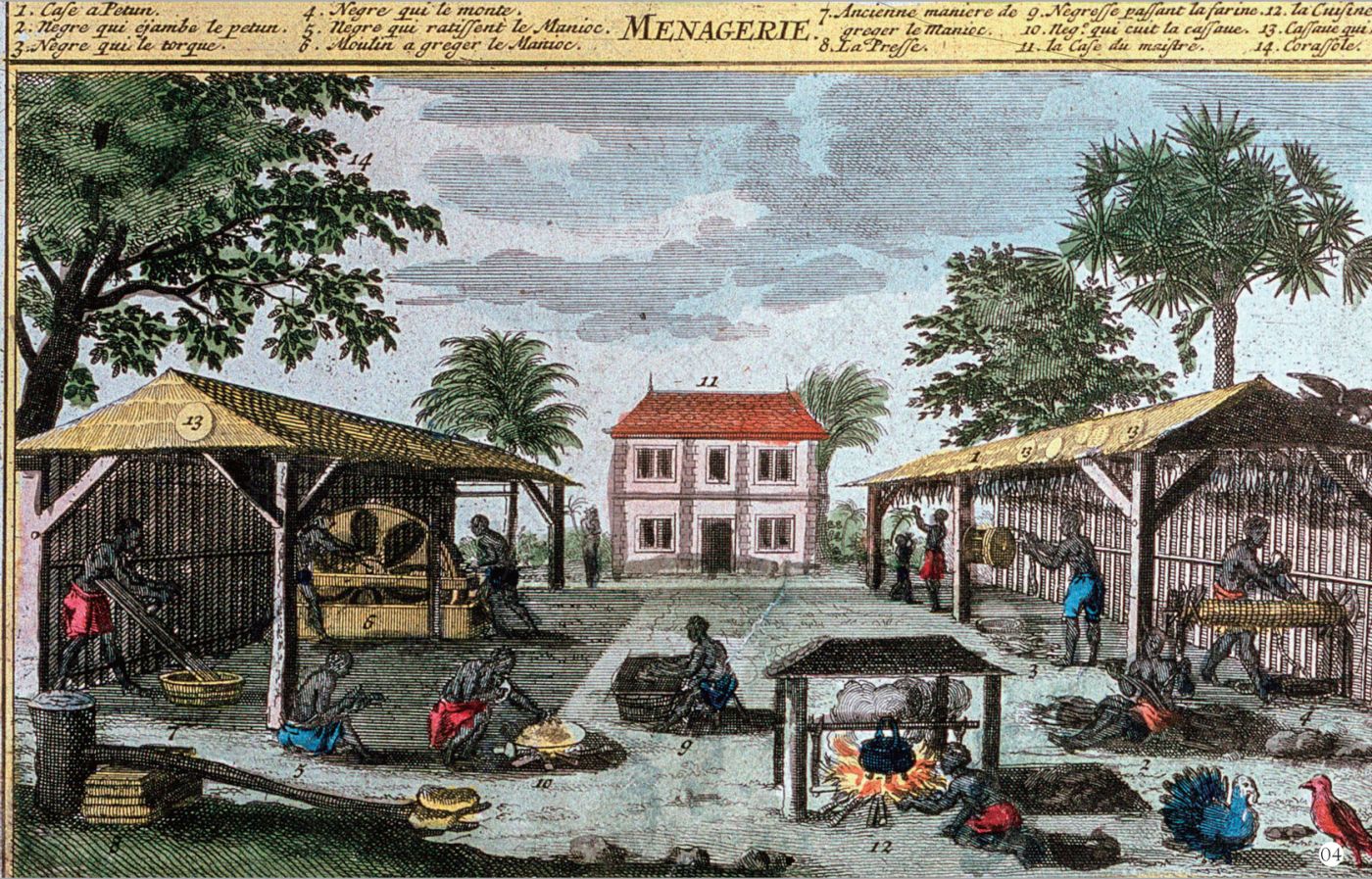 图4/奴隶们在加工烟草和木薯，背景里是主人的房屋。