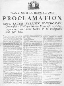 在殖民地黑人革命者的压力之下，法国专员桑托纳克斯在1793年8月发布了废除奴隶制度的法令。当时，这份克里奥尔语版本的公告广为流传。