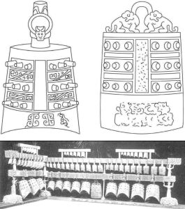 图3.9 （上左）甬钟标准样式，（上右）镈钟标准样式。罗西章、罗芳贤：《古文物称谓图典》，第267—268页。（下）悬挂的甬钟和一个镈钟，曾侯乙墓出土，公元前5世纪晚期。湖北省博物馆编《曾侯乙墓文物艺术》，第8—9页