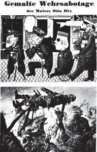堕落艺术展宣传册内页，收录了奥托·迪克斯的“堕落”画作，上图是他的《战争致残人士》，下图是《战壕》中的一部分（Wikimedia Commons）