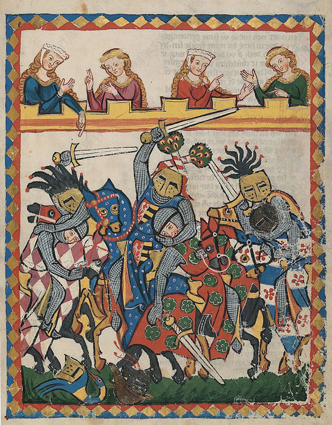 著名的德语诗歌手抄本《马内塞古抄本》（Codex Manesse）收录的中世纪欧洲骑士比武的场景。
