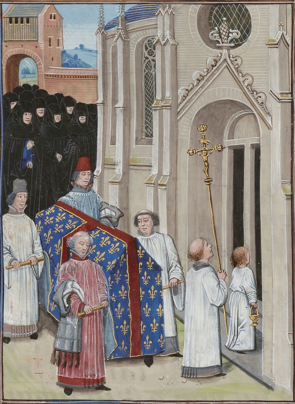 法兰西国王腓力六世的葬礼；1350年8月22日，腓力六世殁于厄尔河河谷地区库隆的一座本笃会修道院中。