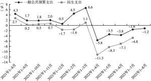 图7 2021年8月至2022年8月河南省一般公共预算支出及民生支出累计增速