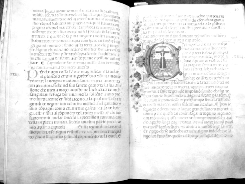 图2-3 绸布商行会章程细节，1446年（<italic>Mariegola</italic>，Arti di Marzeri，detail，1446）