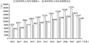 图4 2012～2022年河南农村居民人均可支配收入和生活消费支出变动情况