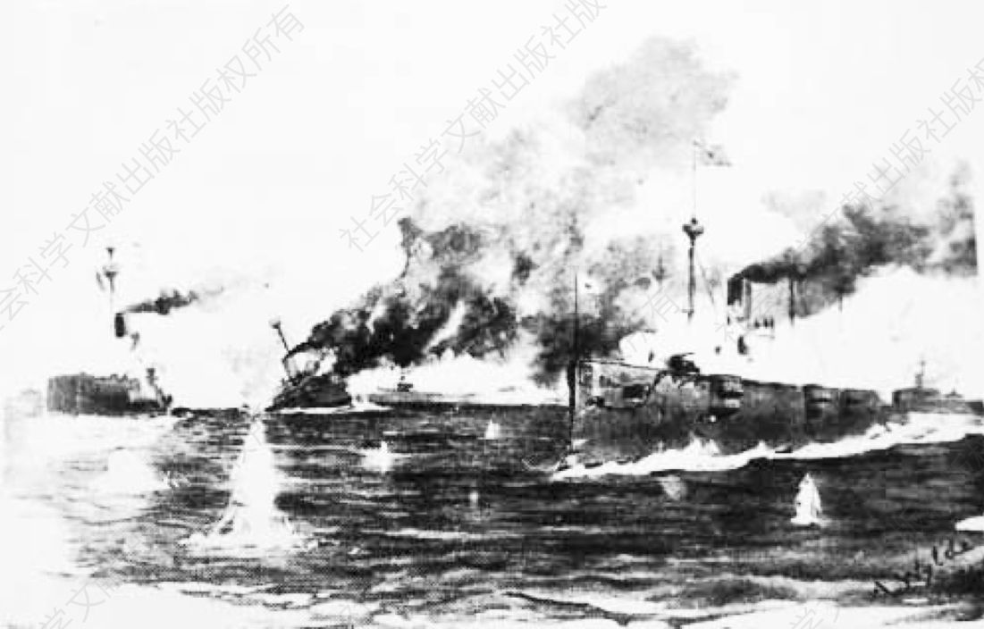 图3-9 英国画报中，“致远”舰（左）撞击“吉野”号（右）不成，行将沉没的瞬间